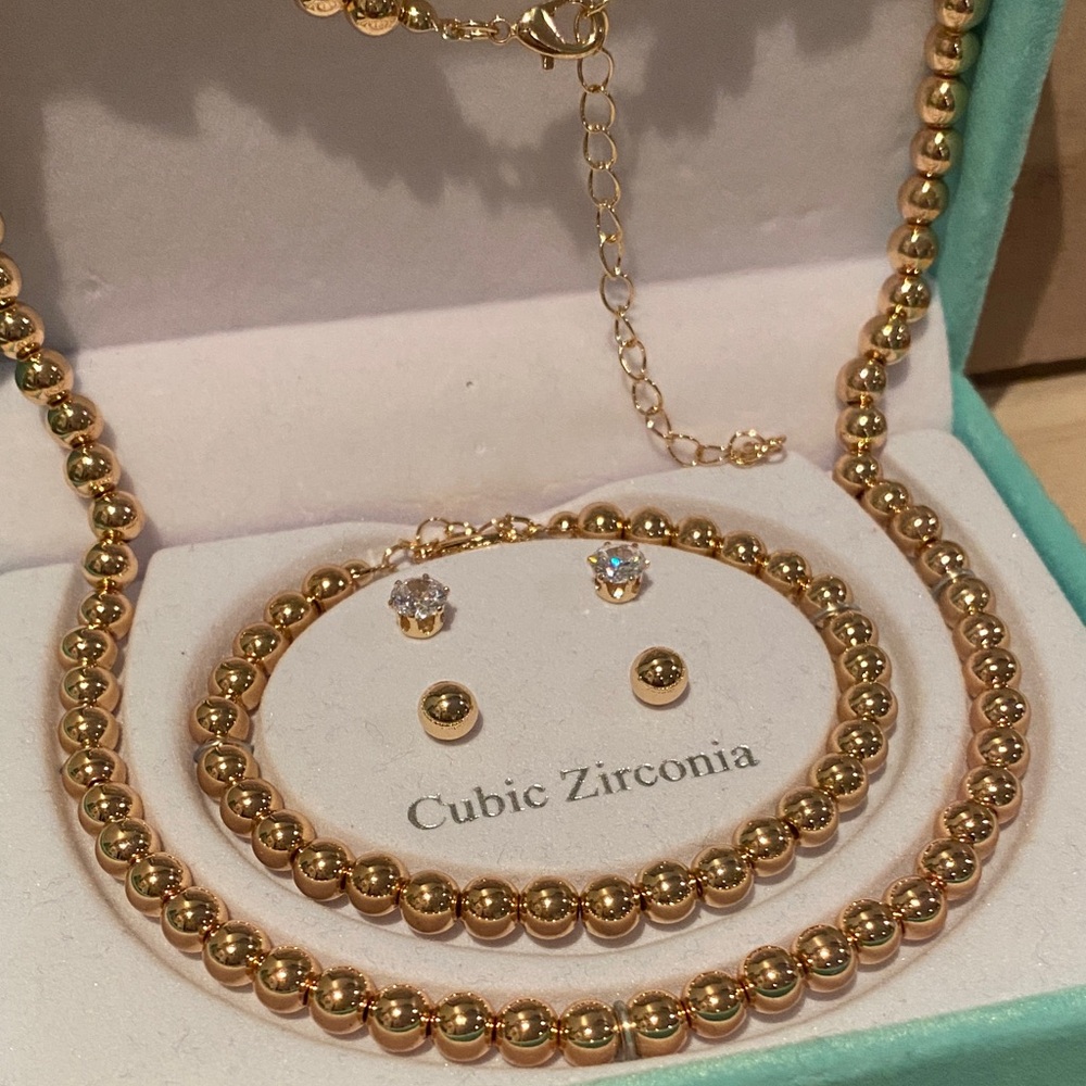 Gold Beaded Necklace Set with Cubic Zirconia NWOT